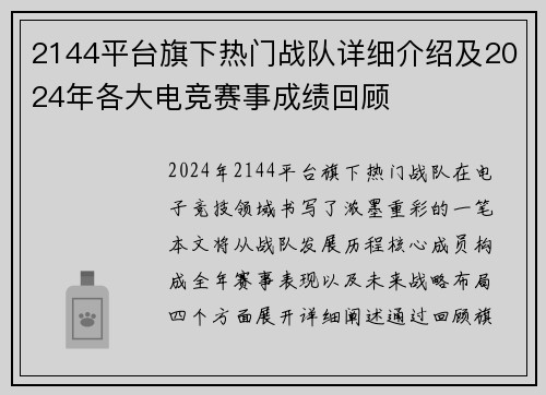 2144平台旗下热门战队详细介绍及2024年各大电竞赛事成绩回顾
