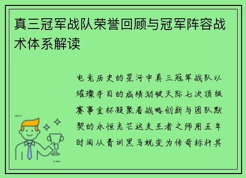 真三冠军战队荣誉回顾与冠军阵容战术体系解读